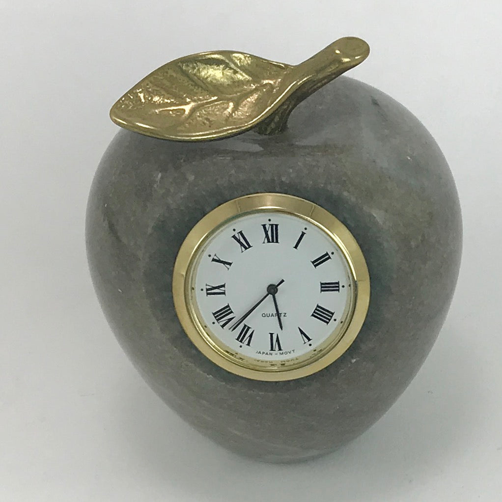 MARBLE ALABASTER Apple PAPERWEIGHT CLOCK Brass Stem Polished Stone - Blue Plum Collections